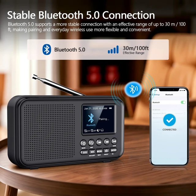 Alt view image 5 of 7 - Portable FM Radio with Bluetooth, 3000mAh Rechargeable Battery, 40 Presets 2.4" Color Display, 8W Speaker, Auto Scan, 7 NOAA Weather Channels, WX Alert, Dual Alarm, MicroSD, Headphone Jack, Home