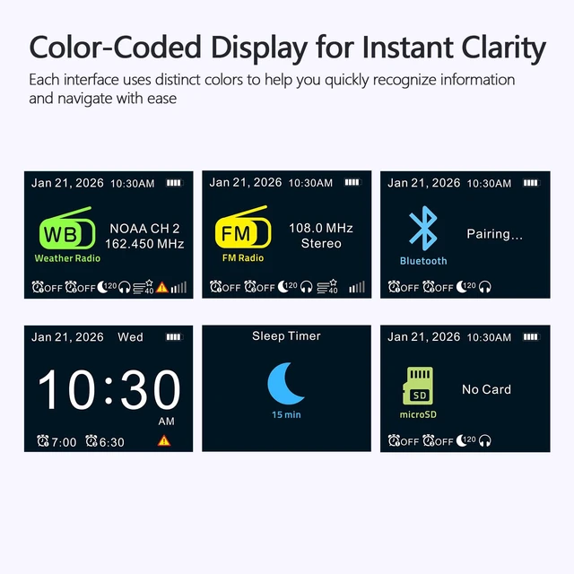 Alt view image 6 of 7 - Portable FM Radio with Bluetooth, 3000mAh Rechargeable Battery, 40 Presets 2.4" Color Display, 8W Speaker, Auto Scan, 7 NOAA Weather Channels, WX Alert, Dual Alarm, MicroSD, Headphone Jack, Home