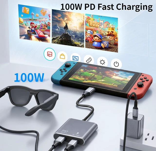 Alt view image 5 of 7 - USB-C to AR Glasses Charging Adapter, 8K@60Hz Charge and Play Hub with 100W PD Fast Charging, Compatible with Switch 1, Steam Deck, ROG Ally X, XREAL Air 2, Rokid, Viture, iPhone 17/16
