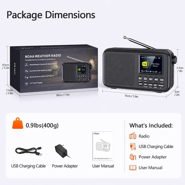 Alt view image 7 of 7 - Portable FM Radio with Bluetooth, 3000mAh Rechargeable Battery, 40 Presets 2.4" Color Display, 8W Speaker, Auto Scan, 7 NOAA Weather Channels, WX Alert, Dual Alarm, MicroSD, Headphone Jack, Home