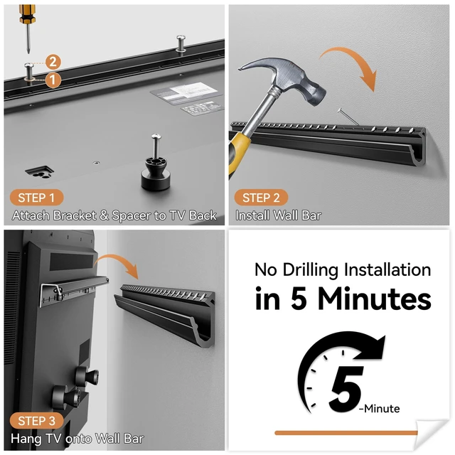 Alt view image 6 of 7 - Studless Drywall TV Wall Mount, No Stud No Drill TV Bracket Hanger Fits 32-75 Inch TVs, Max Vesa 600x400mm up to 150lbs, Low Profile, Tilts 5°, Easy Install, Includes All Hardware & Level