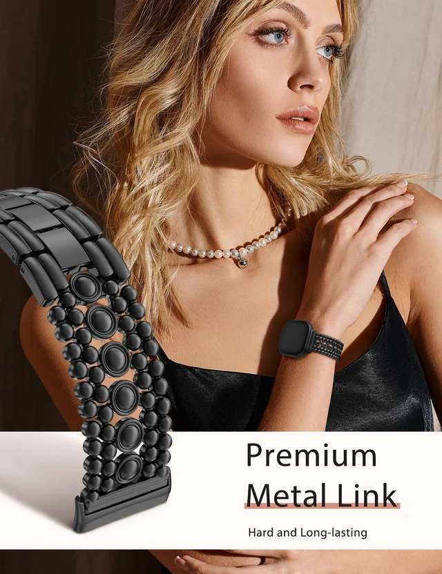 Alt view image 4 of 6 - Metal Bands Compatible with Fitbit Sense 2/Versa 4/Versa 3/Sense Bands Women, Pretty Dressy Stainless Steel Metal Dual Tone Adjustable Round Studded Link Bracelet Replacement Strap for Versa 4
