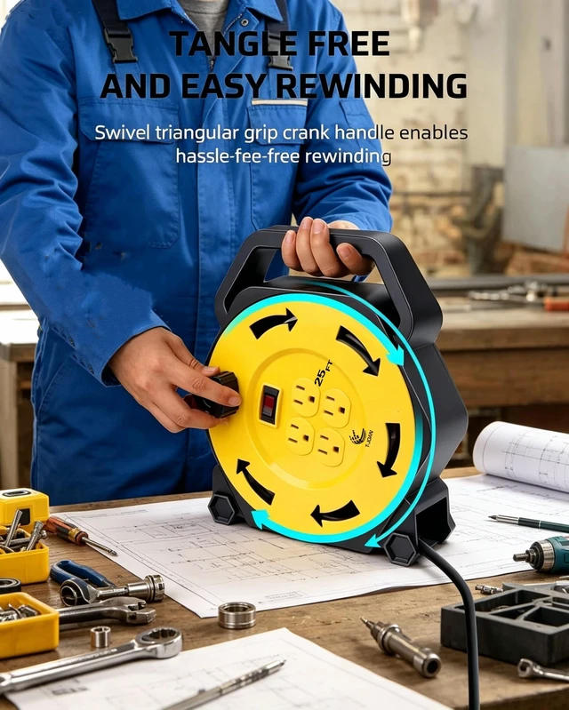 Alt view image 4 of 7 - Retractable Extension Cord Reel with 25 FT Power Cord,Hand Wind,16/3 AWG, 4 Grounded Outlets,13 Amp Circuit Breaker,UL Listed Yellow CR-031
