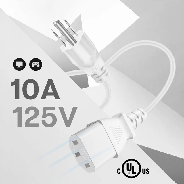 Alt view image 2 of 6 - 6FT PC Power Cord, 3 Prong 10A 125V NEMA 5-15P to IEC C13, White 18 Awg Replacement Cable for Pcs, Monitors, Tvs, Printers, Ps3 and Other Devices with An Iec C13 Power Inlet