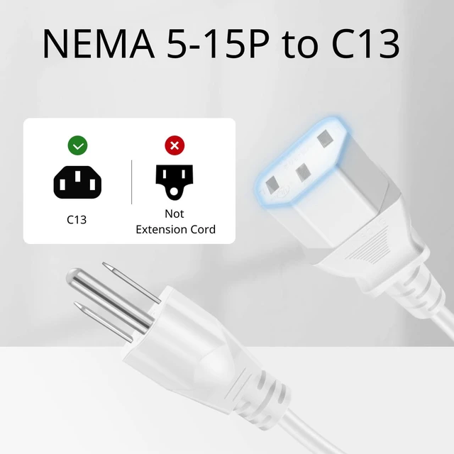 Alt view image 3 of 6 - 6FT PC Power Cord, 3 Prong 10A 125V NEMA 5-15P to IEC C13, White 18 Awg Replacement Cable for Pcs, Monitors, Tvs, Printers, Ps3 and Other Devices with An Iec C13 Power Inlet