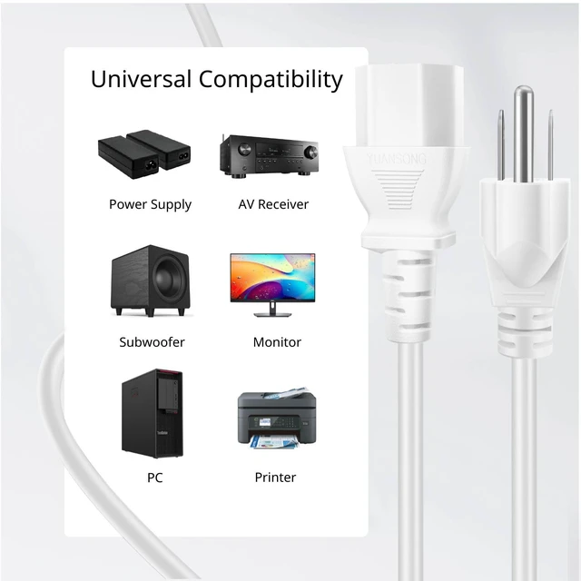 Alt view image 4 of 6 - 6FT PC Power Cord, 3 Prong 10A 125V NEMA 5-15P to IEC C13, White 18 Awg Replacement Cable for Pcs, Monitors, Tvs, Printers, Ps3 and Other Devices with An Iec C13 Power Inlet