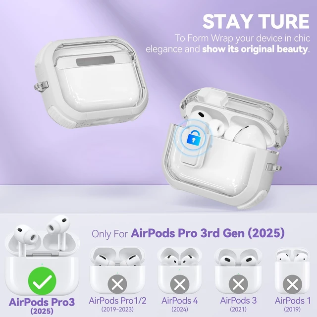 Alt view image 3 of 7 - for AirPods Pro 3 Case Clear with Safety Lock, Anti-Yellowing Case with Cleaner & Keychain Compatible with Apple AirPods Pro 3rd Generation 2025 for Women Girly, Shock Protection,White