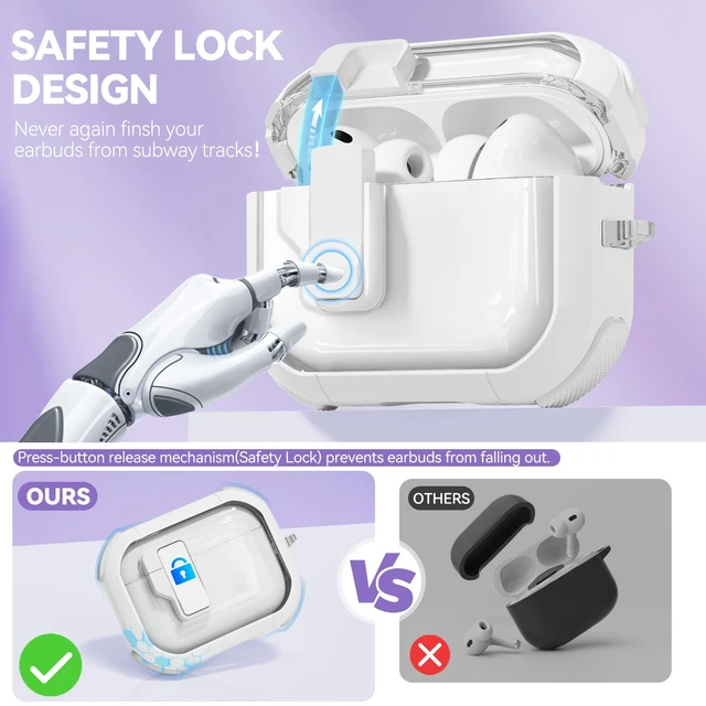 Alt view image 4 of 7 - for AirPods Pro 3 Case Clear with Safety Lock, Anti-Yellowing Case with Cleaner & Keychain Compatible with Apple AirPods Pro 3rd Generation 2025 for Women Girly, Shock Protection,White