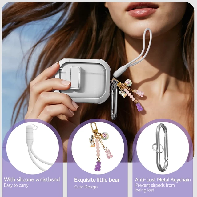 Alt view image 2 of 7 - for AirPods Pro 3 Case Clear with Safety Lock, Anti-Yellowing Case with Cleaner & Keychain Compatible with Apple AirPods Pro 3rd Generation 2025 for Women Girly, Shock Protection,White