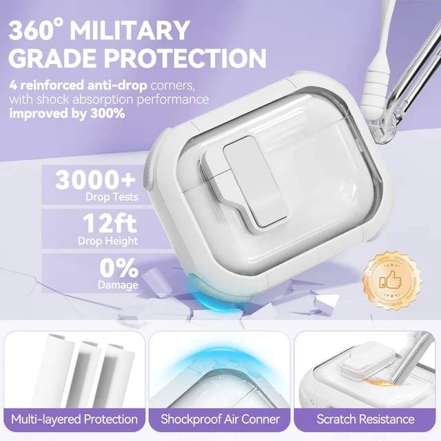 Alt view image 6 of 7 - for AirPods Pro 3 Case Clear with Safety Lock, Anti-Yellowing Case with Cleaner & Keychain Compatible with Apple AirPods Pro 3rd Generation 2025 for Women Girly, Shock Protection,White