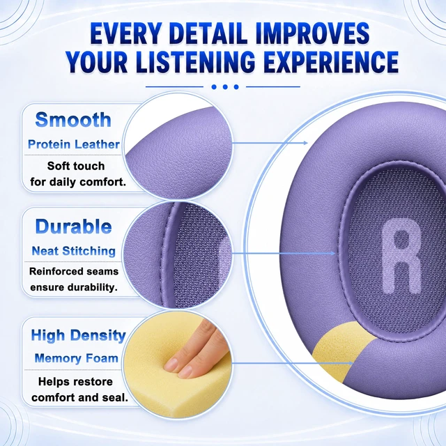 Alt view image 6 of 7 - Replacement Ear Pads for JBL Tune 700BT, 710BT, 720BT, 750BTNC, 760NC, 770NC Headphone, Extra Thick Cushions, Ear Cups Cover, Soft LeatherMemory Foam Headset Earpads (Purple)