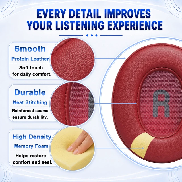 Alt view image 6 of 7 - Replacement Ear Pads for JBL Tune 700BT, 710BT, 720BT, 750BTNC, 760NC, 770NC Headphone, Extra Thick Cushions, Ear Cups Cover, Soft LeatherMemory Foam Headset Earpads (Red)