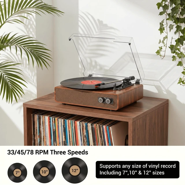 Alt view image 2 of 7 - Vinyl Record Player Bluetooth with Upgraded Speakers, Sound Cavity & Balanced Counterweight, Vintage 3-Speed Belt-Drive Turntable LP Player with RCA Output, Mid-Century Design