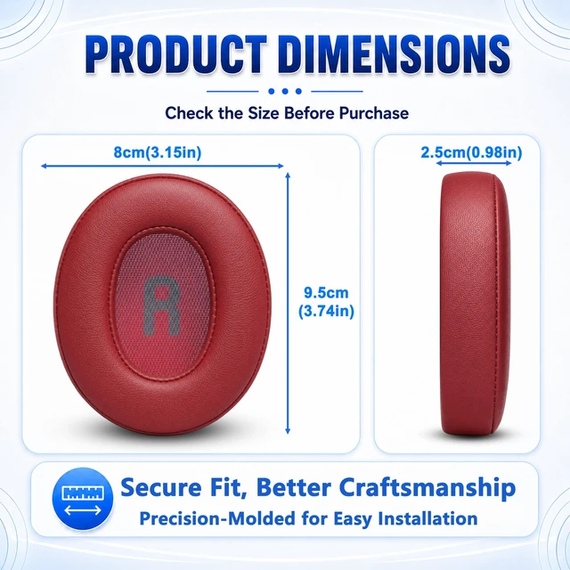Alt view image 7 of 7 - Replacement Ear Pads for JBL Tune 700BT, 710BT, 720BT, 750BTNC, 760NC, 770NC Headphone, Extra Thick Cushions, Ear Cups Cover, Soft LeatherMemory Foam Headset Earpads (Red)