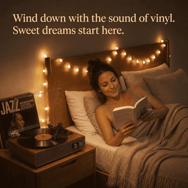 Alt view image 6 of 7 - Vinyl Record Player Bluetooth with Upgraded Speakers, Sound Cavity & Balanced Counterweight, Vintage 3-Speed Belt-Drive Turntable LP Player with RCA Output, Mid-Century Design