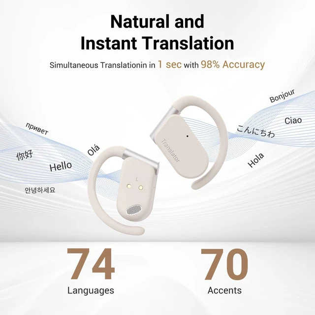 Alt view image 3 of 7 - M9 Language Translator Earbuds Open-Ear Headphones Support 144 Languages & Accents Translation Earbuds Real Time Translator Device, Snug Fit, Ergonomic Ear Hooks Beige (Without Offline Package)