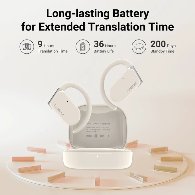 Alt view image 5 of 7 - M9 Language Translator Earbuds Open-Ear Headphones Support 144 Languages & Accents Translation Earbuds Real Time Translator Device, Snug Fit, Ergonomic Ear Hooks Beige (Without Offline Package)