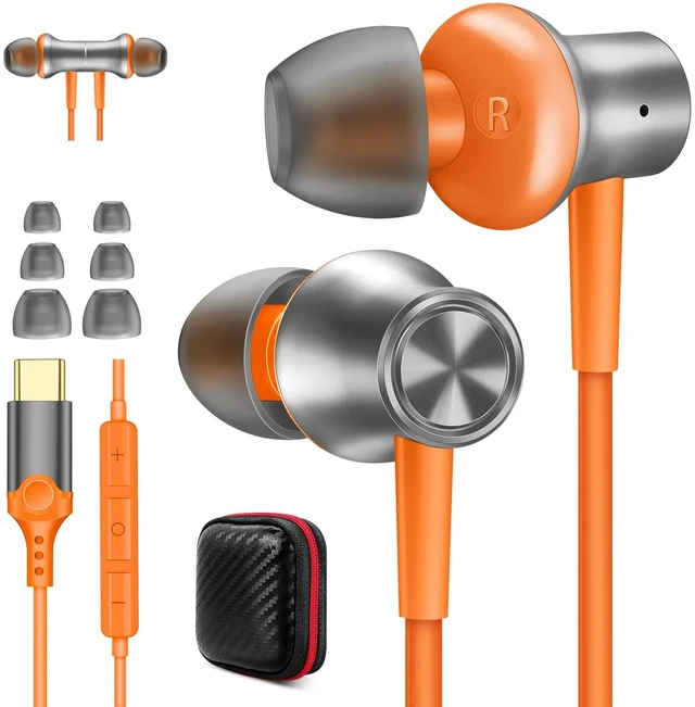 Main image of USB C Earbuds for iPhone 18 Pro Type C Headphones with Mic Orange USB C In Ear Magnetic Headphone Stereo Remote Control Corded Type C Earphones for iPhone Duo Galaxy S26 FE S25 for iPad Pro