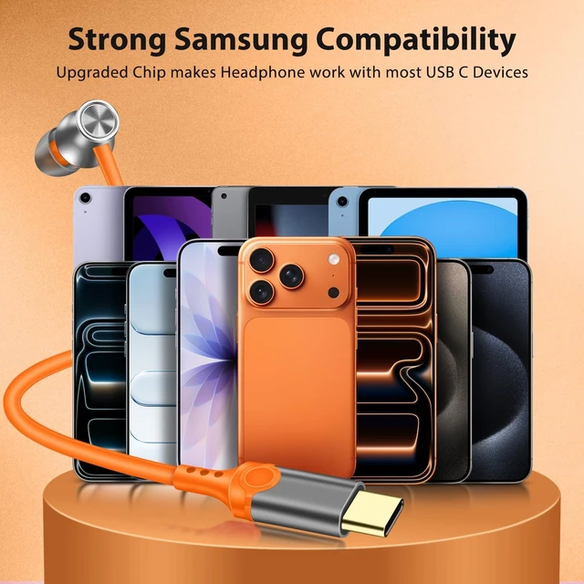 Alt view image 7 of 7 - USB C Earbuds for iPhone 18 Pro Type C Headphones with Mic Orange USB C In Ear Magnetic Headphone Stereo Remote Control Corded Type C Earphones for iPhone Duo Galaxy S26 FE S25 for iPad Pro