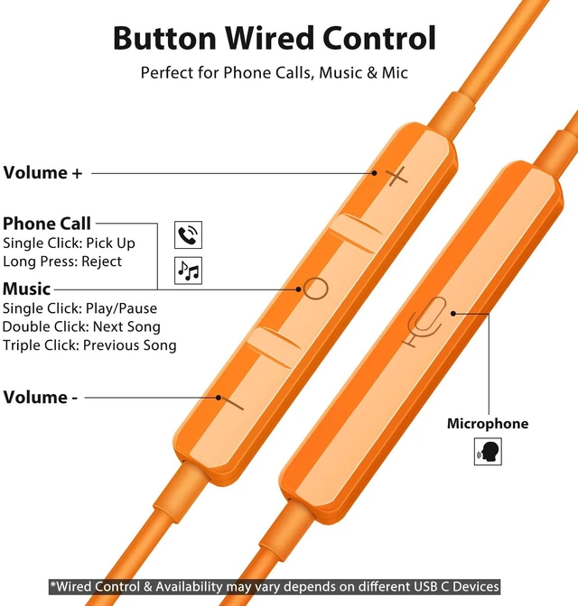 Alt view image 6 of 7 - USB C Earbuds for iPhone 18 Pro Type C Headphones with Mic Orange USB C In Ear Magnetic Headphone Stereo Remote Control Corded Type C Earphones for iPhone Duo Galaxy S26 FE S25 for iPad Pro