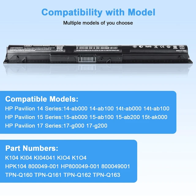 Alt view image 4 of 6 - KI04 K104 Notebook Battery Replecement for HP Pavilion 14-ab 14T-ab 15-ab 15-an 17-g Series 800049-001 TPN-Q158 HSTNN-LB6S Spare 800050-001 800010-421 800009-421 KI04 Notebook Laptop Battery
