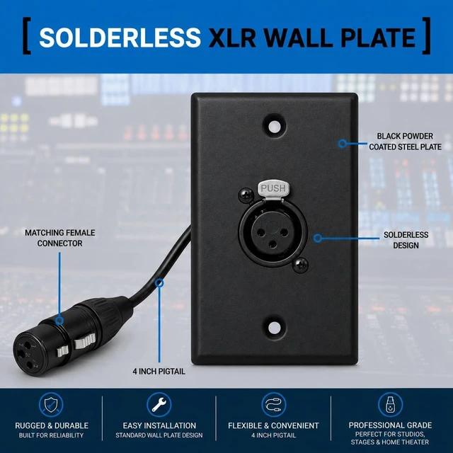 Alt view image 2 of 3 - 1 Port Black XLR Wall Plate, Solderless Female to Female Connector No-Solder XLR Wall Plate with Female to Female Connectors for Pro Audio, Studio, Stage, Rack & In-Wall Installations