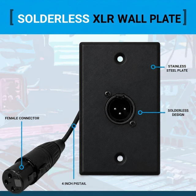 Alt view image 4 of 4 - 1 Port Black XLR Wall Plate, Solderless Male to Female Connector No-Solder XLR Wall Plate with Male to Female Connectors for Pro Audio, Studio, Stage, Rack & In-Wall Installations