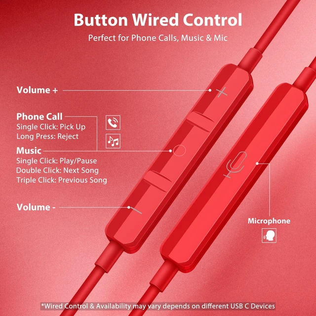 Alt view image 6 of 7 - USB C Headphones for iPhone 18 Pro Max Type C Wired Earbuds Mic Red USB C In Ear Magnetic Headphone Stereo Remote Control Corded Type C Earphones for iPhone Duo Galaxy S26 FE S25 for iPad Pro