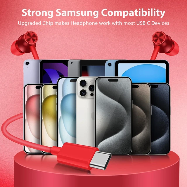 Alt view image 7 of 7 - USB C Headphones for iPhone 18 Pro Max Type C Wired Earbuds Mic Red USB C In Ear Magnetic Headphone Stereo Remote Control Corded Type C Earphones for iPhone Duo Galaxy S26 FE S25 for iPad Pro