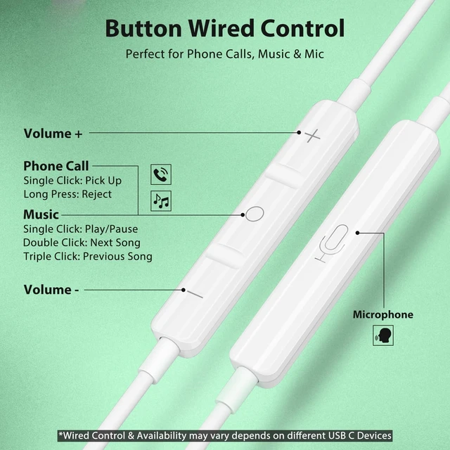 Alt view image 6 of 7 - USB C Headphones for iPhone 18 Pro Max 17 Type C Wired Earbuds Green USB C In Ear Magnetic Headphone Stereo Remote Control Corded Type C Earphones for iPhone Duo Galaxy S26 FE S25 for iPad Pro