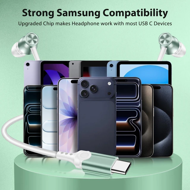 Alt view image 7 of 7 - USB C Headphones for iPhone 18 Pro Max 17 Type C Wired Earbuds Green USB C In Ear Magnetic Headphone Stereo Remote Control Corded Type C Earphones for iPhone Duo Galaxy S26 FE S25 for iPad Pro