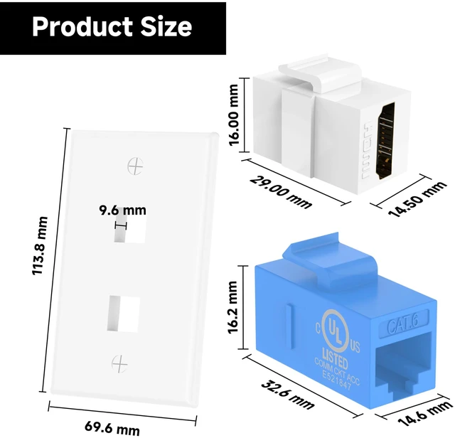 Alt view image 3 of 7 - HDMI Ethernet Wall Plate UL Listed, 8K HDMI and CAT6 Wall Jack UL Listed for Safety, 8K HDMI Keytstone Jack, 1000Mbps RJ45 Keystone Coupler