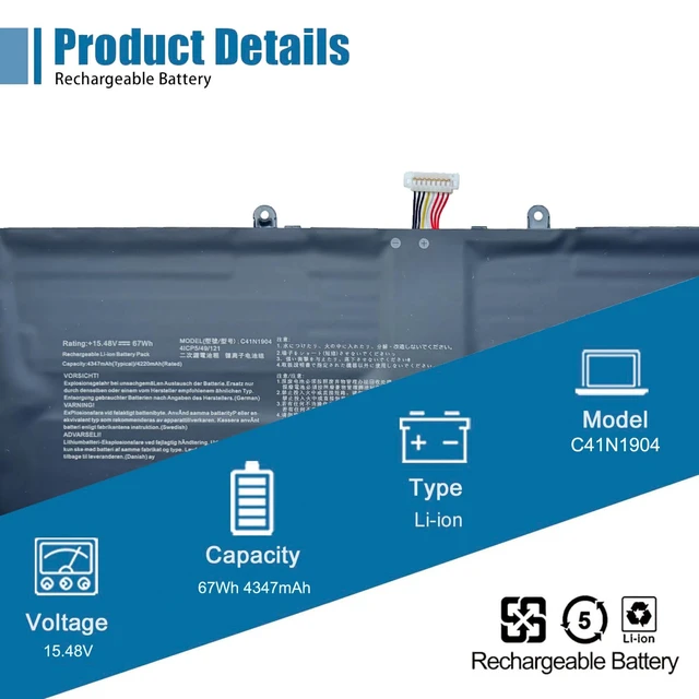 Alt view image 2 of 6 - C41N1904 Laptop Battery Replacement for Asus ZenBook 13 UX325EA BX325JA UM325SA UM325UA UX325JA 14 UX425EA UM425IA UX425JA Flip 13 UX363EA Flip S UX371EA Series 15.48V 67Wh 4347mAh