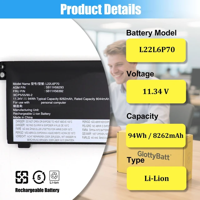 Alt view image 2 of 7 - L22L6P70 Battery Replacement for Lenovo ThinkPad P16 Gen 1 ThinkPad P16 Gen 2 Series, Laptop Battery L21M6P70 L21L6P70 L21D6P70 5B10W51893 SB10W51994, 94Wh