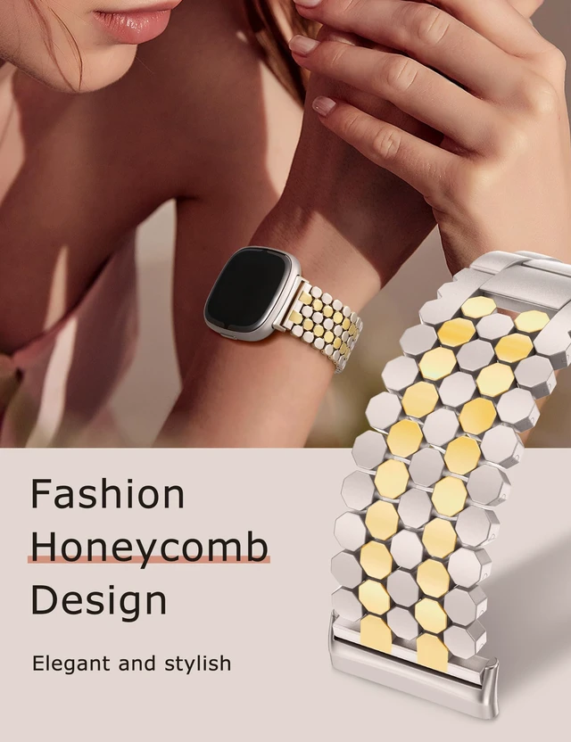 Alt view image 5 of 6 - Metal Bands Compatible with Fitbit Sense 2/Versa 4/Versa 3/Sense Bands Women, Dressy Stainless Steel Chain Honeycomb Designer Luxury Chic Link Bracelet Wristband Replacement Strap for Versa 4