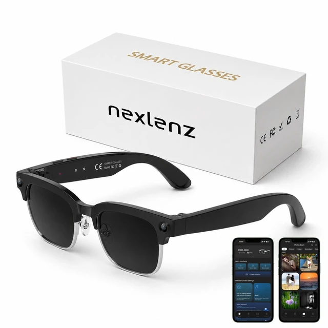 Main image of Smart Camera Glasses, 8MP POV Video and Bluetooth Audio, Black 8MP hands-free POV recording with sunglass lenses, WiFi transfer and open-ear audio for travel, walks and outdoor moments