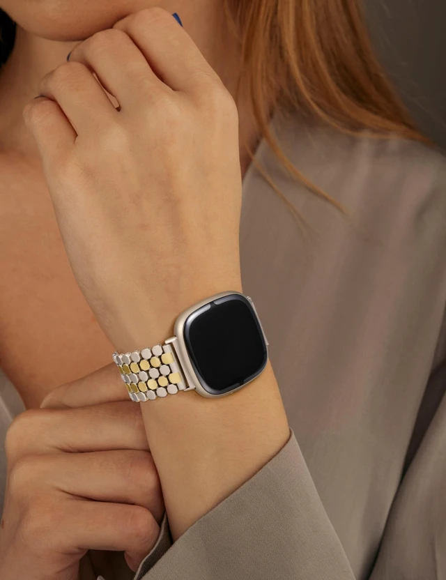 Alt view image 6 of 6 - Metal Bands Compatible with Fitbit Sense 2/Versa 4/Versa 3/Sense Bands Women, Dressy Stainless Steel Chain Honeycomb Designer Luxury Chic Link Bracelet Wristband Replacement Strap for Versa 4