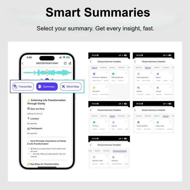 Alt view image 5 of 7 - AI Voice Recorder with Real-Time Transcription, AI Summary & Mind Map, AI Note Taking Device Supports 150 Languages, Smart Digital Voice Recorder for Meetings, Lectures & Interviews