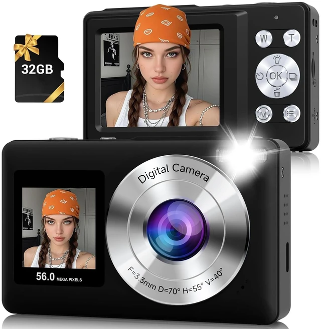 Main image of Digital Camera, 56MP Point and Shoot Camera with 32GB Card for Kids Teens Compact Digital Camera 16X Zoom Anti-Shake & 20 Filters Dual-Screen Selfie Camera for gift
