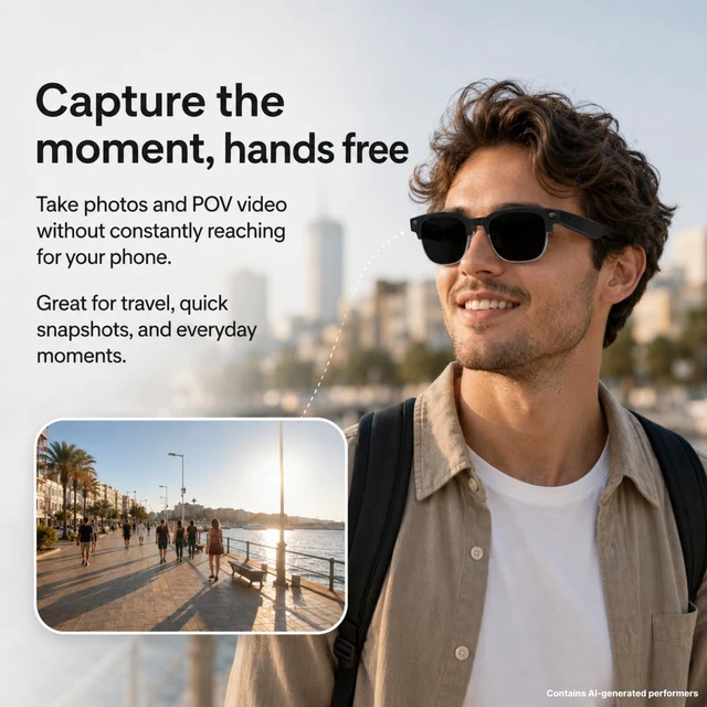 Alt view image 3 of 7 - Smart Camera Glasses, 8MP POV Video and Bluetooth Audio, Black 8MP hands-free POV recording with sunglass lenses, WiFi transfer and open-ear audio for travel, walks and outdoor moments