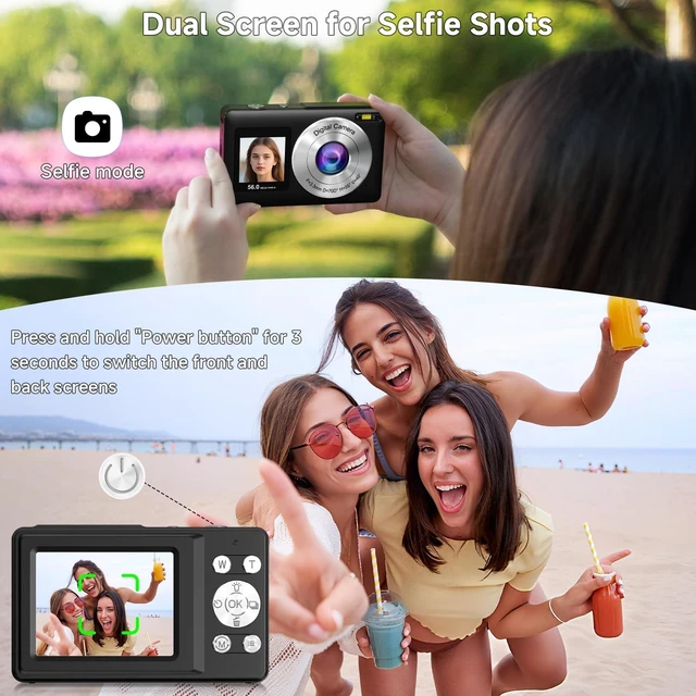 Alt view image 3 of 7 - Digital Camera, 56MP Point and Shoot Camera with 32GB Card for Kids Teens Compact Digital Camera 16X Zoom Anti-Shake & 20 Filters Dual-Screen Selfie Camera for gift