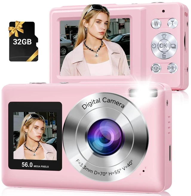 Main image of Digital Camera, 56MP Point and Shoot Camera with 16X Zoom, 20 Filters, Anti-Shake & Smile Capture Compact Digital Camera with SD Card Pink Digital Camera for Kids Teens