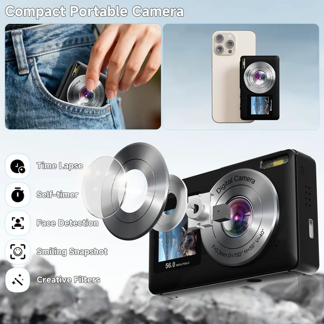 Alt view image 7 of 7 - Digital Camera, 56MP Point and Shoot Camera with 32GB Card for Kids Teens Compact Digital Camera 16X Zoom Anti-Shake & 20 Filters Dual-Screen Selfie Camera for gift
