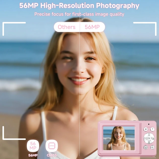 Alt view image 2 of 7 - Digital Camera, 56MP Point and Shoot Camera with 16X Zoom, 20 Filters, Anti-Shake & Smile Capture Compact Digital Camera with SD Card Pink Digital Camera for Kids Teens