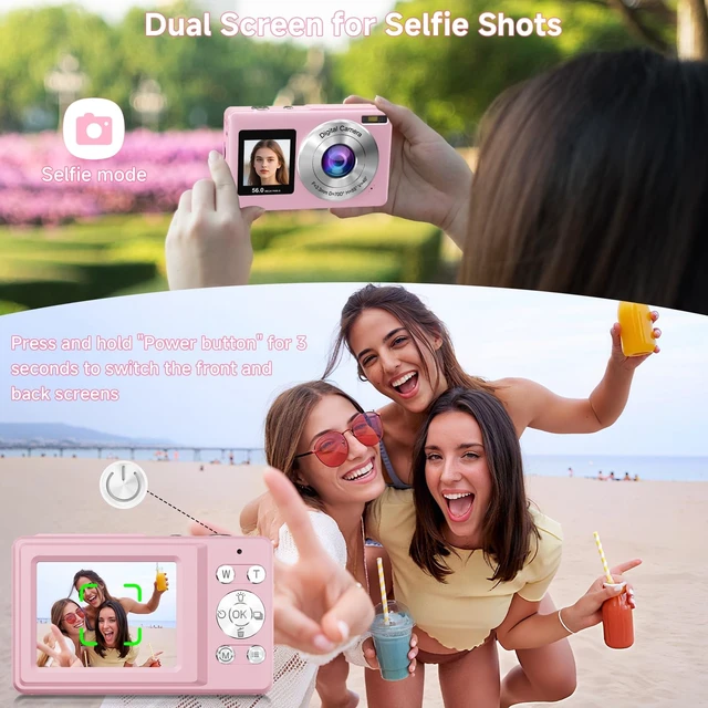 Alt view image 3 of 7 - Digital Camera, 56MP Point and Shoot Camera with 16X Zoom, 20 Filters, Anti-Shake & Smile Capture Compact Digital Camera with SD Card Pink Digital Camera for Kids Teens