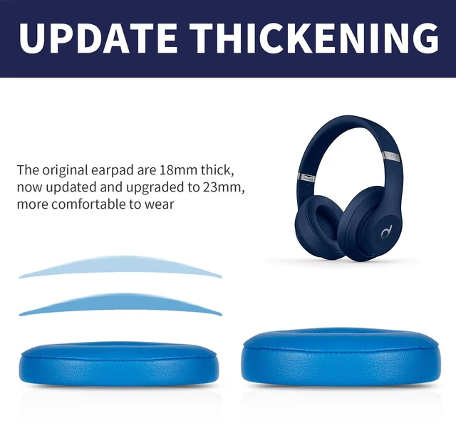 Alt view image 4 of 6 - Updated Thickened Solo Wireless 2/3 Replacement Ear Pads,earpads for Beats Solo 2/3 Wireless Headphone (Blue)