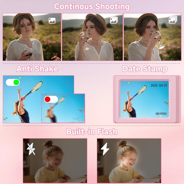 Alt view image 5 of 7 - Digital Camera, 56MP Point and Shoot Camera with 16X Zoom, 20 Filters, Anti-Shake & Smile Capture Compact Digital Camera with SD Card Pink Digital Camera for Kids Teens