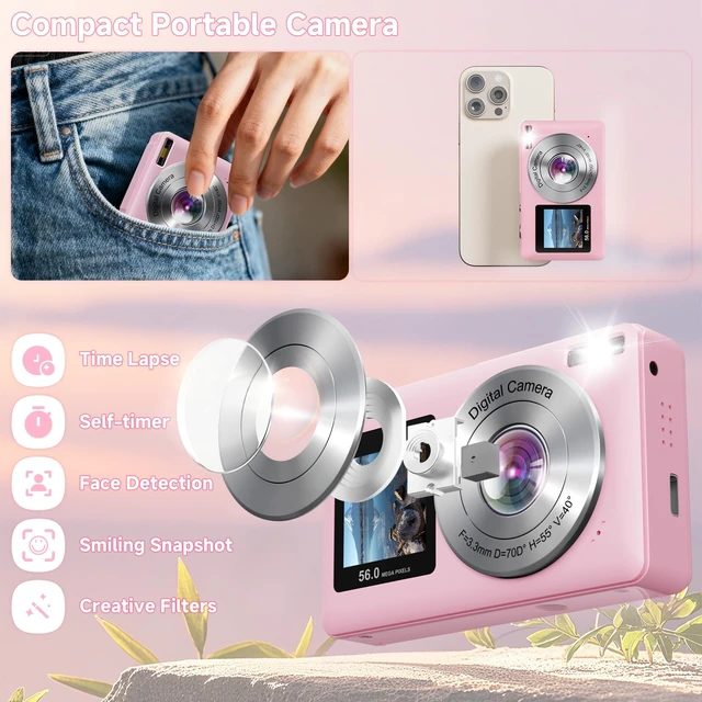 Alt view image 6 of 7 - Digital Camera, 56MP Point and Shoot Camera with 16X Zoom, 20 Filters, Anti-Shake & Smile Capture Compact Digital Camera with SD Card Pink Digital Camera for Kids Teens