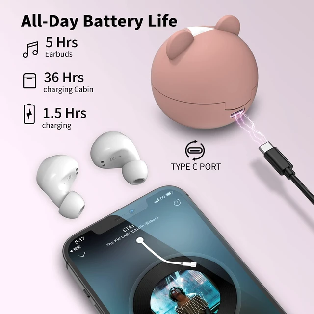 Alt view image 4 of 7 - Bluetooth Earbuds Pink Wireless Earbud for Kids 36H Playtime IPX5 Waterproof Noise Reduction Cordless Girls Headphones USB-C LED Display Cartoon Kids Earphones