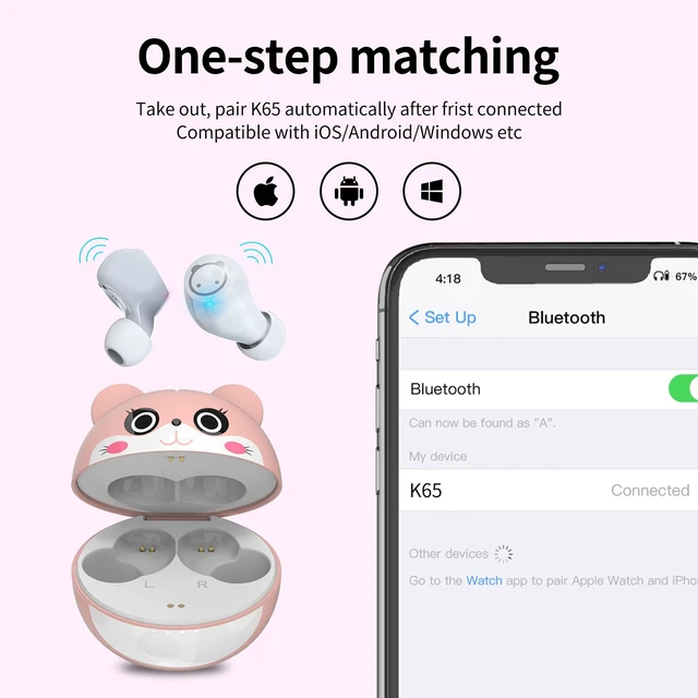 Alt view image 7 of 7 - Bluetooth Earbuds Pink Wireless Earbud for Kids 36H Playtime IPX5 Waterproof Noise Reduction Cordless Girls Headphones USB-C LED Display Cartoon Kids Earphones